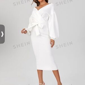 SHEIN Tall Surplice Neck Drop Shoulder Belted Dress